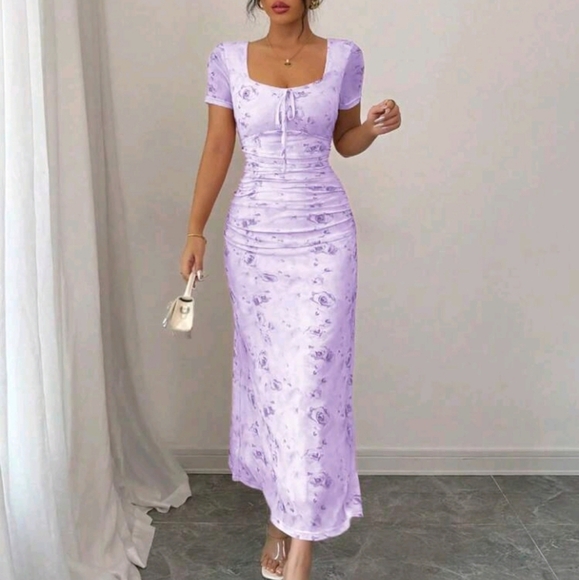 Women's Elegant Romantic Sexy Floral Print Mesh V-Neck Bow-Tied Ruched - Picture 4 of 4